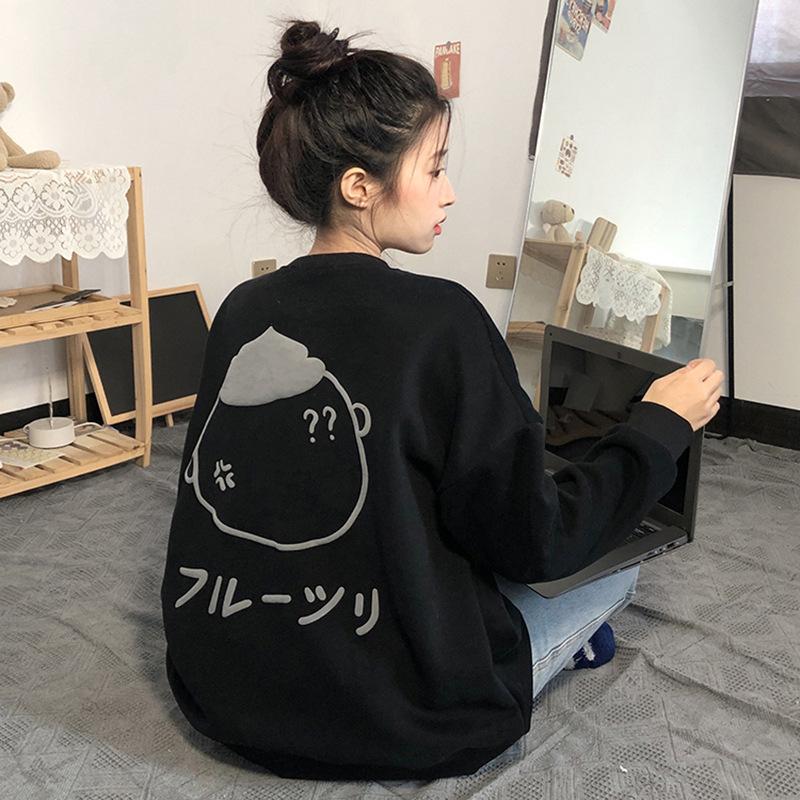 New cute printed jacket velvet casual lazy wind round neck loose sweater women