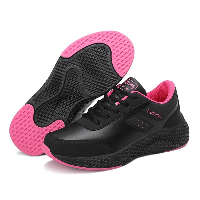 Running Shoes for Women Black Sneakers PU Leather Comfortable Height Increasing Chunky Shoes Breathable Leisure Shoes Big Size