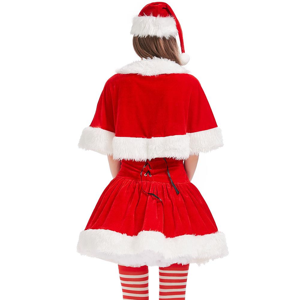 Adult Women Christmas Xmas Velvet Hooded Shawl Cloak Dress Set New Year Halloween Role Play Dress Up Cosplay Costume