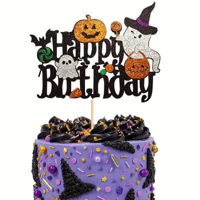 1Pc Halloween Cake Topper Spooky Birthday Party Decoration With Happy Birthday Text Glitter Pumpkin Bat Pattern Party Supplies