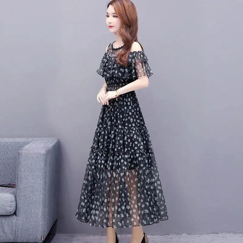 Women's Summer Elegant Off-Shoulder Beach Dress Chiffon Floral Print Knee-Length Dress