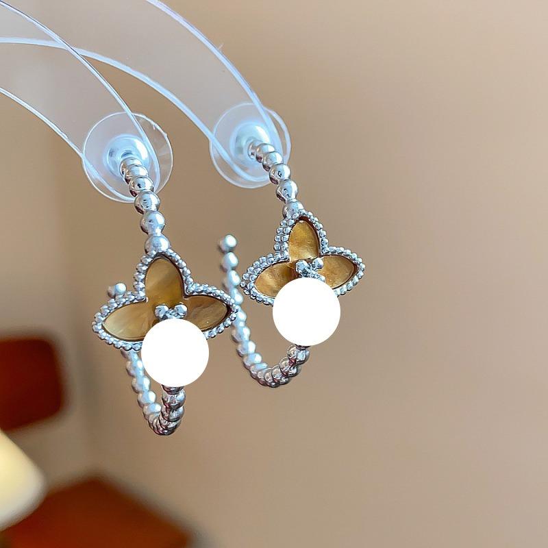 Silver Needle Multi-layer Letter Twill Zircon Pearl Earrings Medieval Vintage Light Luxury Stud Earrings Versatile Earrings