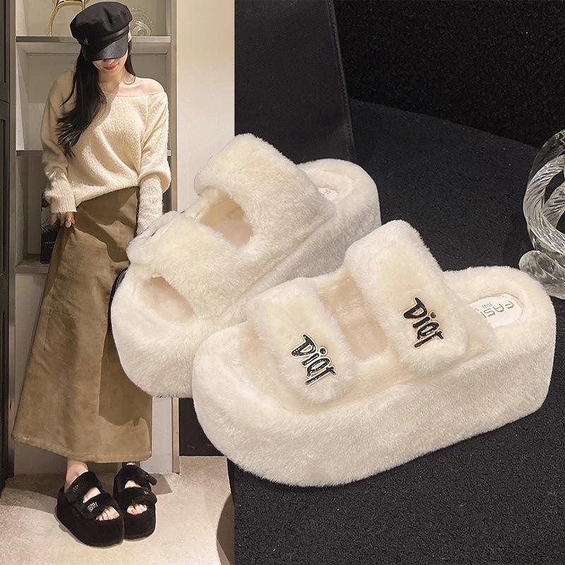 Popular Xiaoxiang thick-soled fluffy slippers for women to wear in spring and autumn, advanced sense 2025 new European high-heeled fluffy