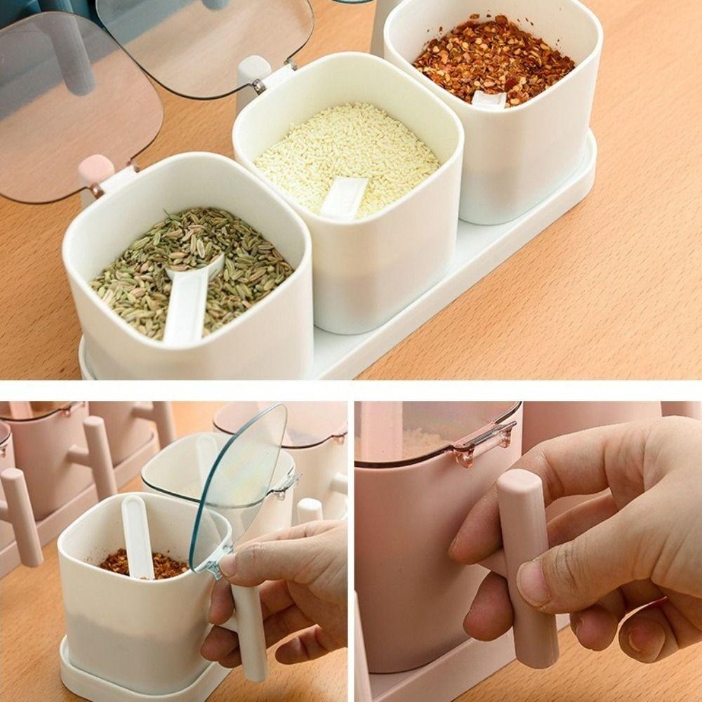 Multi-functional Airtight Spices Box Dividing Grids Anti Slip Seasoning Organizer with Spoon Plastic Spice Container Kitchen