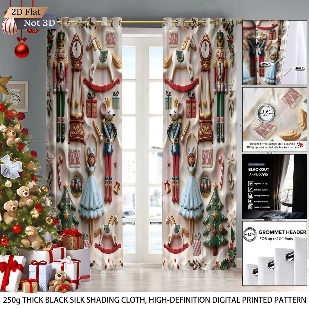 Set Of 2 Imitation Relief Christmas Print Perforated Curtains Multi Size Living Room Bedroom Insulation Decorationeasy Installation Curtain Polyester
