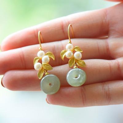 Hetian Jade Leaf Women'S Earrings Light Luxury Retro Pearl Earrings Annual Temperament With Hanfu Cheongsam