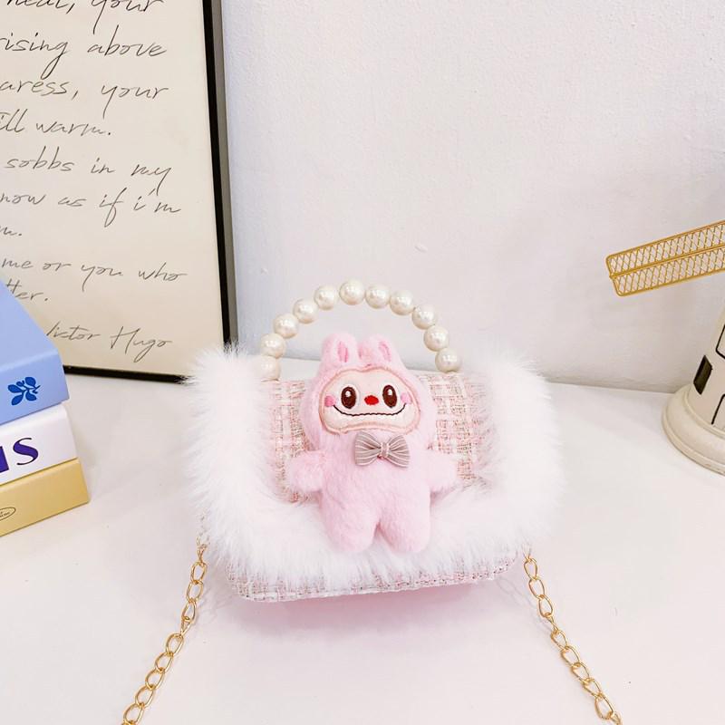 Labubu Children's Plush Lace Pearl Shoulder Bag - Crossbody Storage for Kindergarten Kids