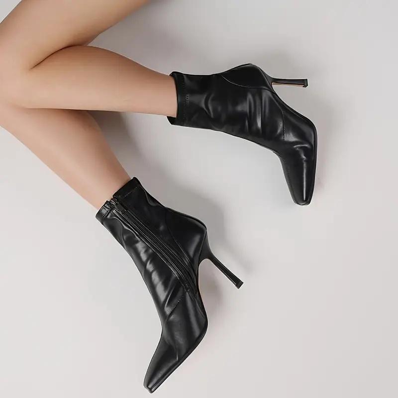 Women’s Square Toe Stiletto Ankle Boots - Black PU Cover Mid-Calf Boots with Side Zipper, Fashionable All-Match High Heel Shoes