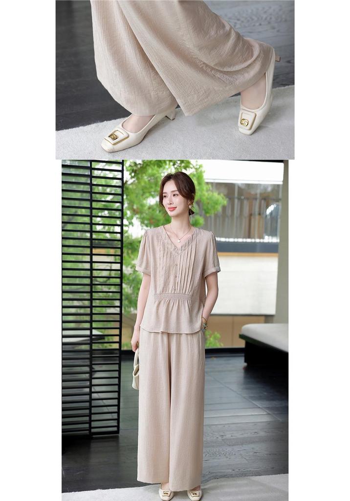 Elegant Mother's Summer Outfit: Dignified Short-Sleeve Top & Wide-Leg Pants Set for Middle-Aged & Elderly Women