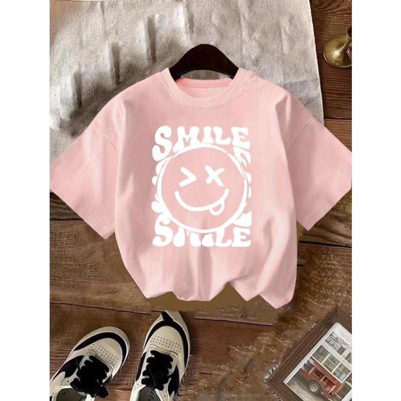 2026 Summer Fashion Round Neck Pure Cotton T-shirt for Girls with  letter Smiley Face  Cute Short-sleeved Breathable Casual Top. 110