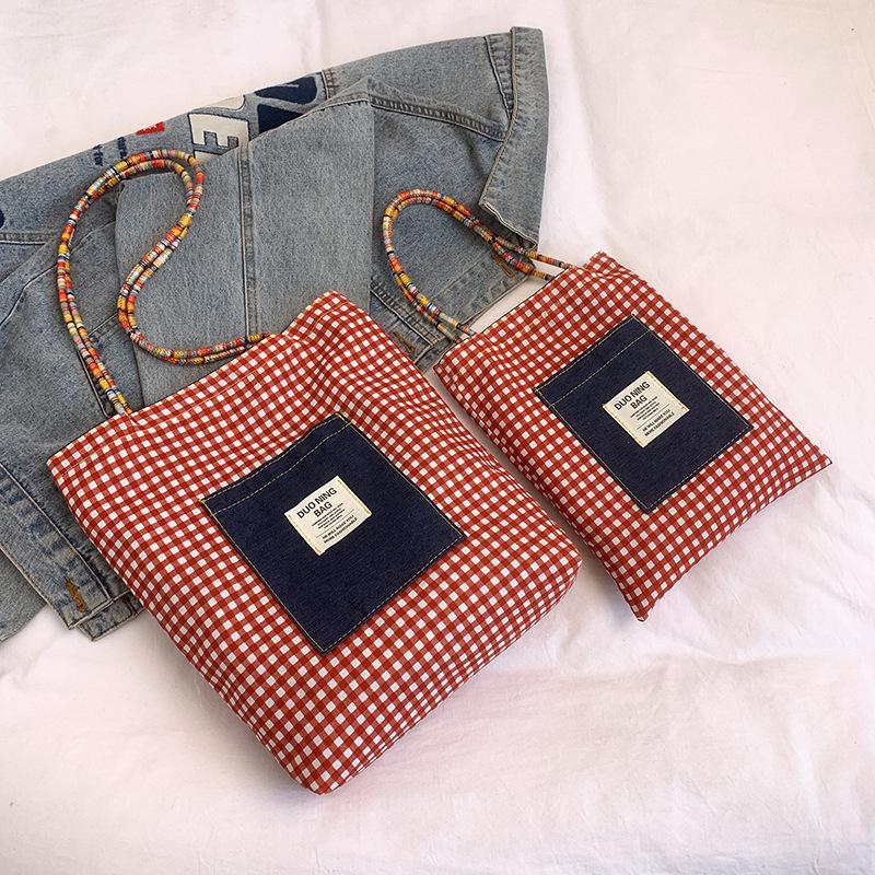 American Style Gingham Checkered Tote Bag Large Capacity Polyester Shoulder Handbag CLE