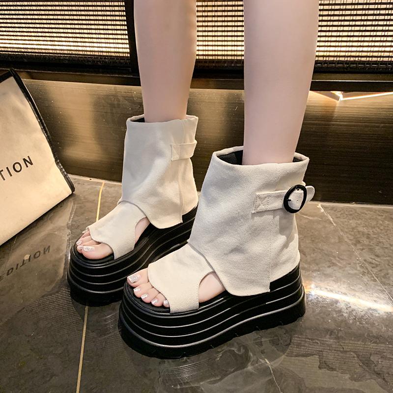 Fashion Summer Gladiator High top Sandals 8 cm Wedge Heel New 2025 Designers Women Denim Canvas Flip Flop High Platform Casual Sandals