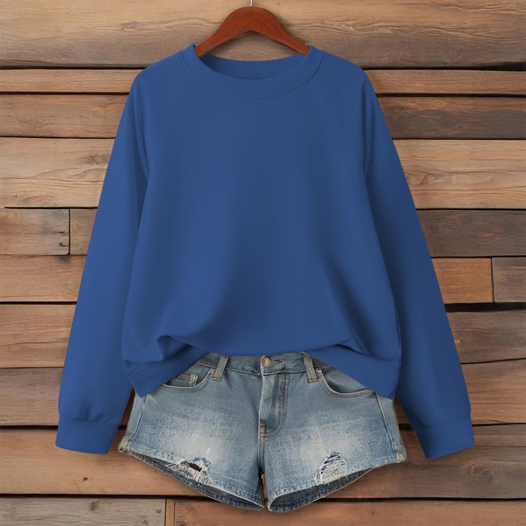 Women's Fashionable Solid Color Round Neck Long Sleeved Sports Casual Pullover Sweatshirt Top
