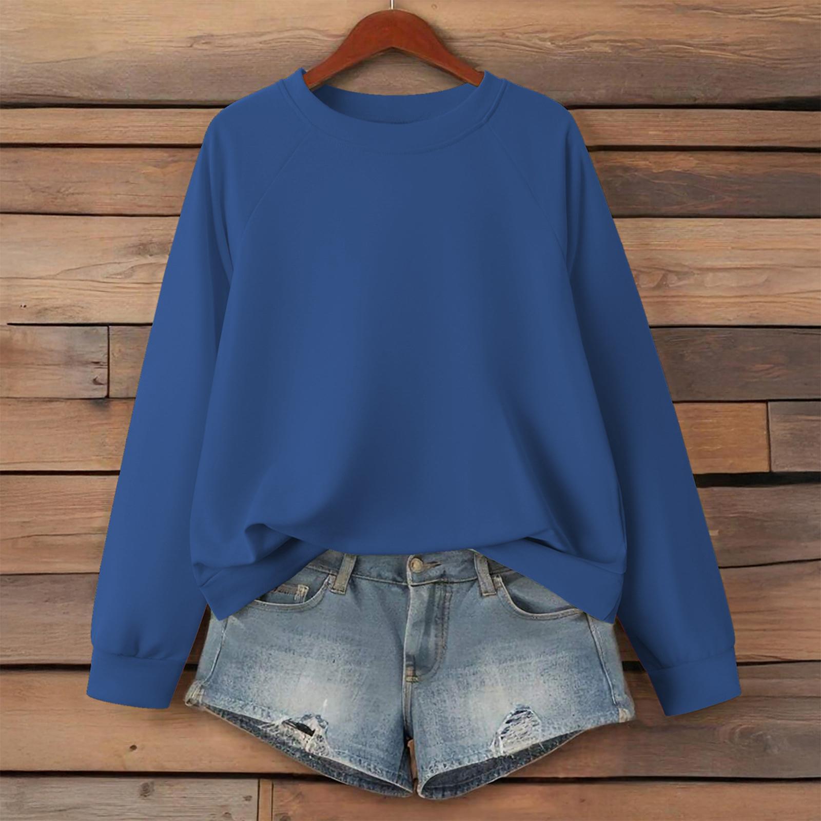 

Women s Fashionable Solid Color Round Neck Long Sleeved Sports Casual Pullover Sweatshirt Top XXL синий