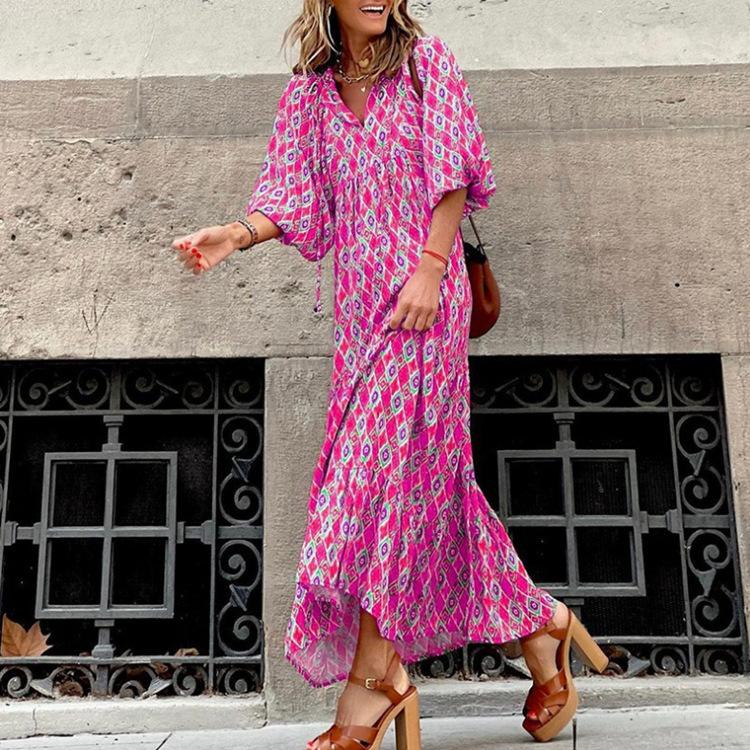 2023 Autumn New Independent Station Hot-selling Geometric Printing Bubble Sleeve Dress Street Fried Street Large Size Women's Clothing