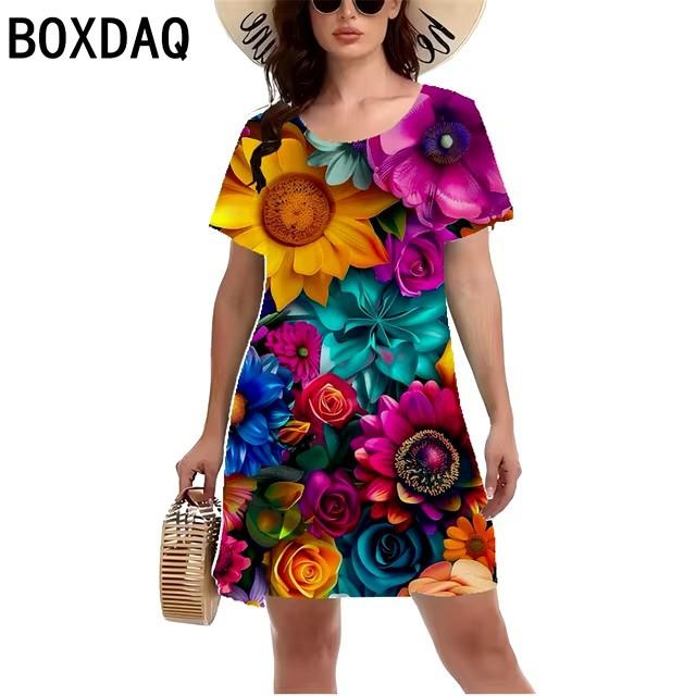 Elegant fashion short sleeve t-shirt dress beach vacation midi dresses women 3d print clothing