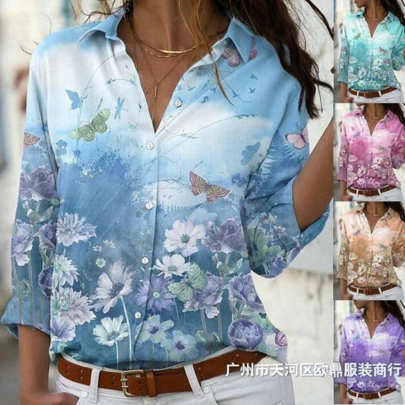 Women S European Long Sleeve Printed Collared Casual Shirt
