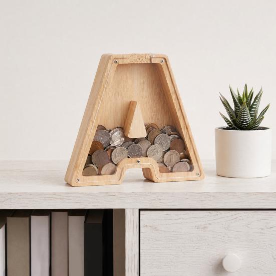 Wooden Piggy Bank with Clear Window, A-Z Letter Coin Cash Container for Kids Adults, Unbreakable Money Saving Box Decoration