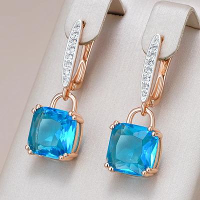 Pendientes colgantes de lujo con circonita azul claro para mujer, color dorado y plateado, con forma de aro cuadrado, joyería de boda, regalo