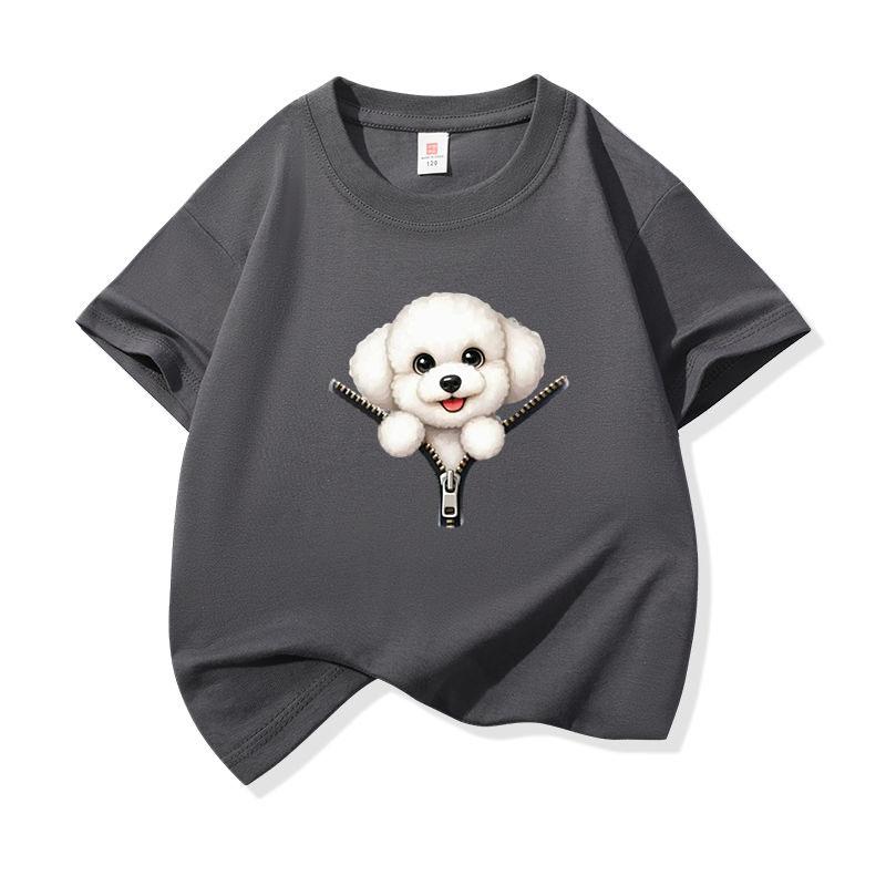Kids Cotton T Shirt Cute Bichon Frise Puppy Dog Zipper Print Crew Neck Short Sleeve Tee Casual Boys Girls Summer Tops