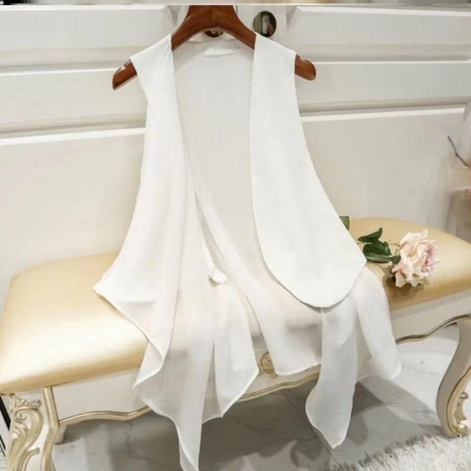 Gilet d'été pour femmes en mousseline, long sans manches, gilet irrégulier, léger, asymétrique, décontracté, vêtement d'extérieur
