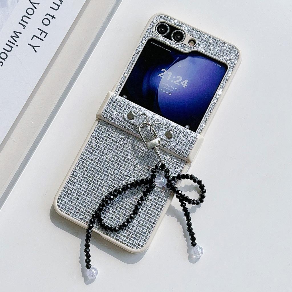 For Samsung Galaxy Z Flip5 5G Case Sequins Decor PC Phone Cover with Beaded Bowknot Pendant