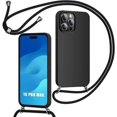 Case with Strap - for iPhone 15 Pro Max - Black - Flexible - Silicone - Anti-Scratch