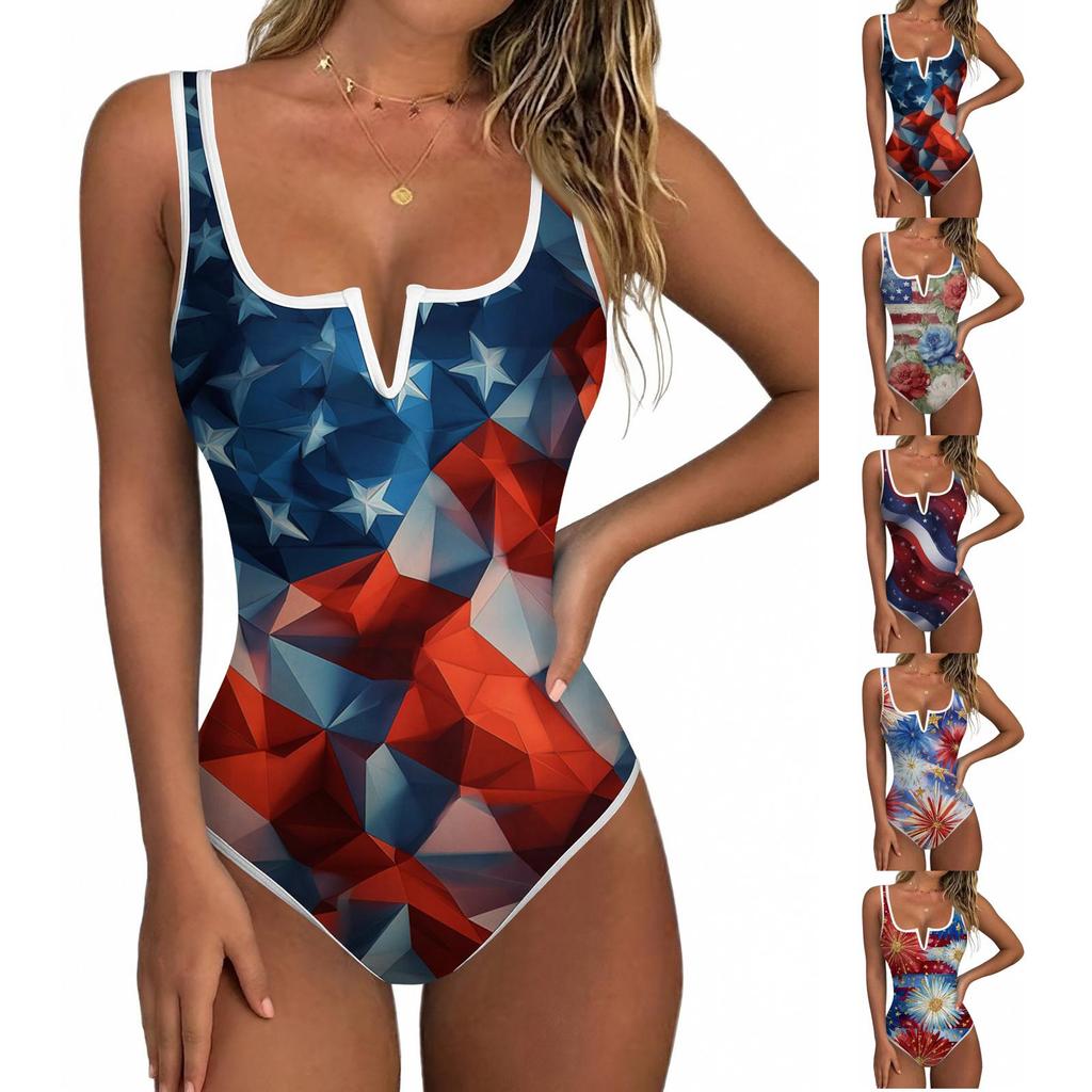 Women Swimsuit V Neck Printed Tank Bathing Suit Soft Stretchy Fabric Front Lined Beach Swimwear