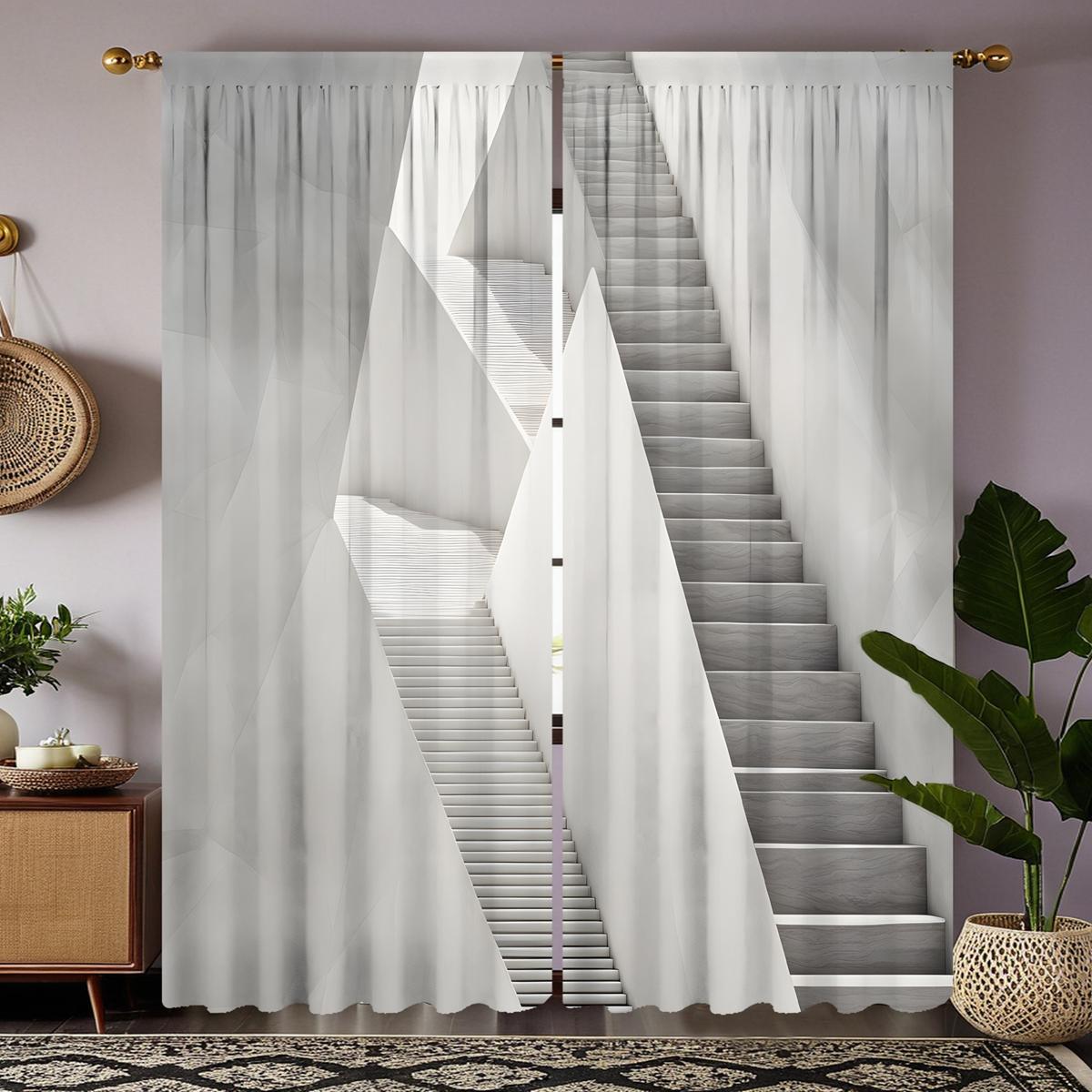 2 шт. HD абстрактная геометрическая декоративная штора для лестницы Белая завязка — фото 3