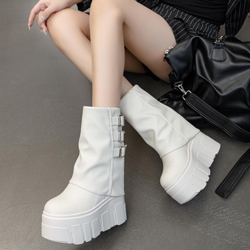 Kalhotové kozačky Dámské Podzim Zima Tenký Fleece Dámské Kotníkové Boty Vysoký Podpatek Platforma Přezka s Páskem Trend Dámské Kozačky