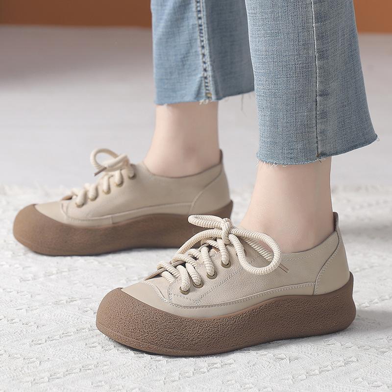 Fashion GKTINOO Retro Genuine Leather Sneakers Lace Up Women's Shoes 2025 Spring New Casual Round Toe Cowhide Flats