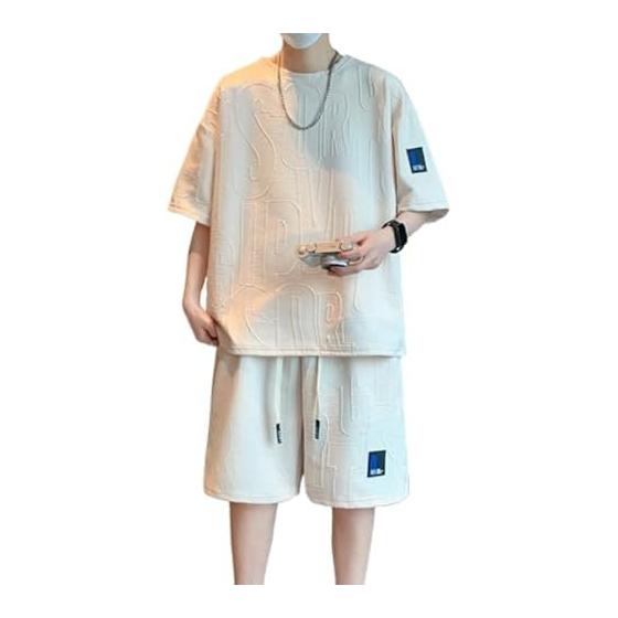 [Aaronlive] Men s T-shirt, Summer, Short Sleeve, Top and Bottom Suit, Loose, Casual, Sportswear, Plain, Men s Sweatshirt, Top and Bottom Suit, Large