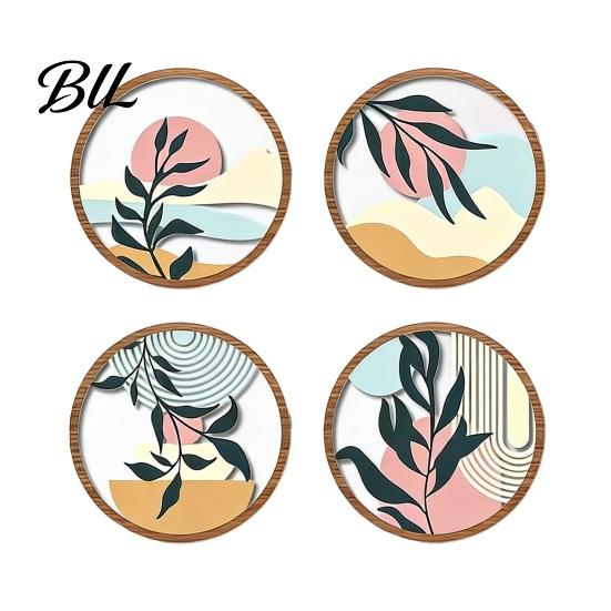 Unique Wall Art Gift 4 Pcs Boho Round Bohemian Sunset Wooden Minimalist Poster for Farmhouse Textured Abstract Plant Hollow Out Hanging Decor 4pcs