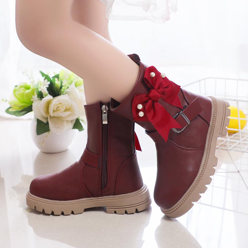 

Ботинки принцессы для девочек, детские модные ботинки с бантом и металлической пряжкой, молнией сбоку, резиновая подошва, 2024, осень-зима, новые, милые, мягкие 27 красный