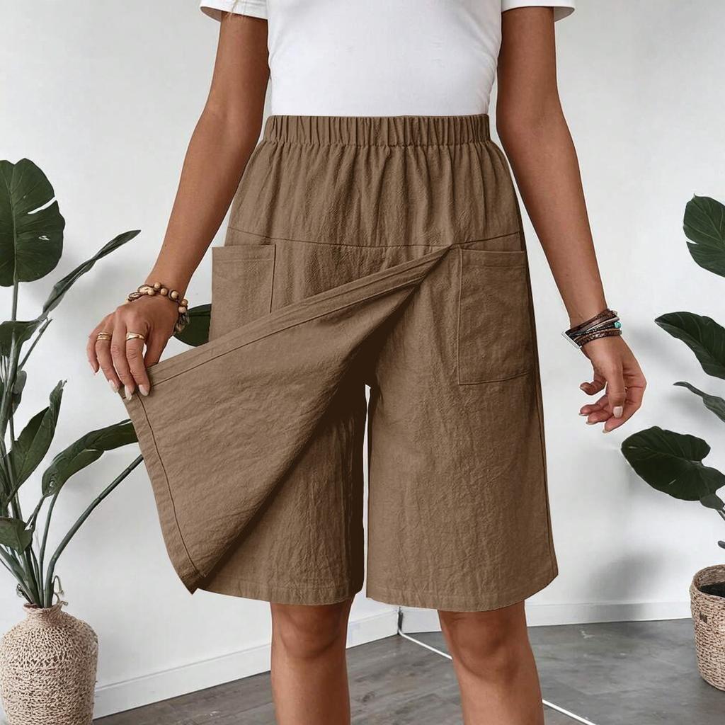 Women's Fashion Pants And Skirts Solid Color Elastic Waist Pocket Casual Shorts