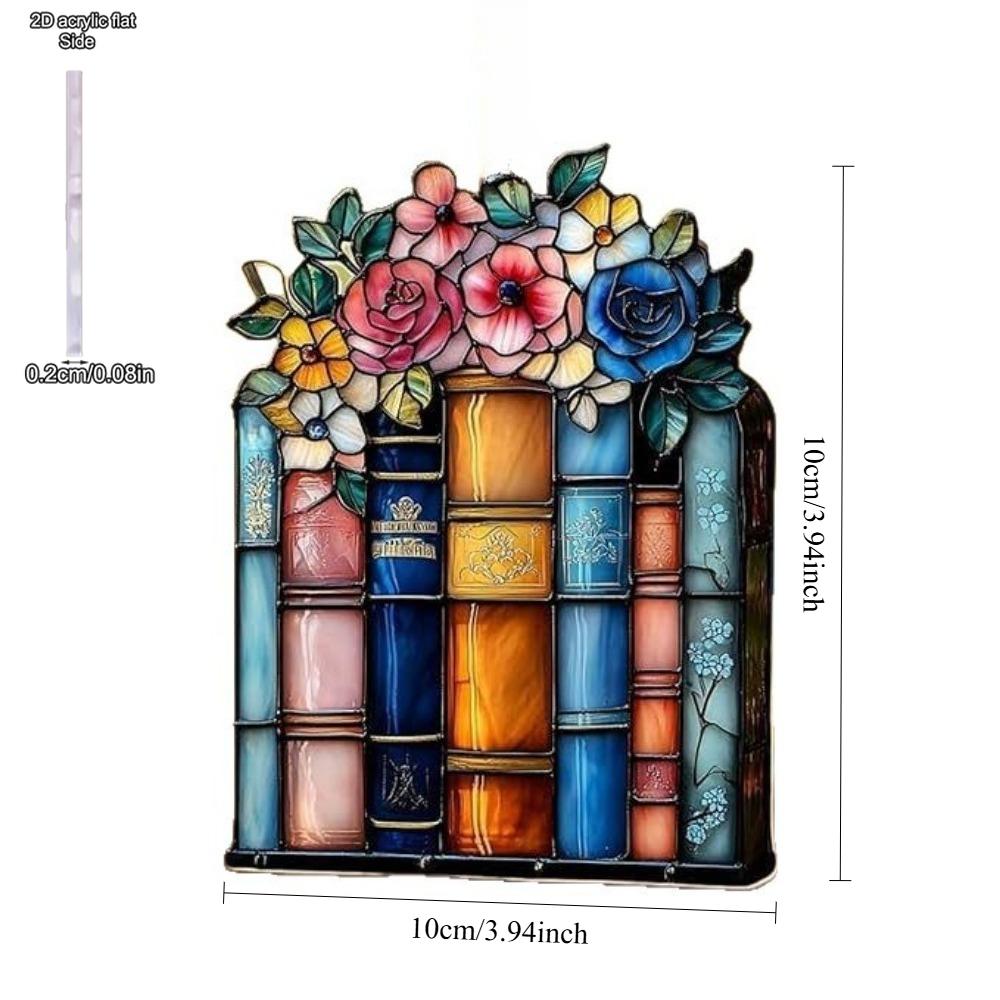 Floral Book Sun Catcher Ornamen Sign, Car Hanging Ornamen, Stained Glaze Acrylic Decor for Book Lovers, Teacher Librarian Gift, Christmas Tree Hangin