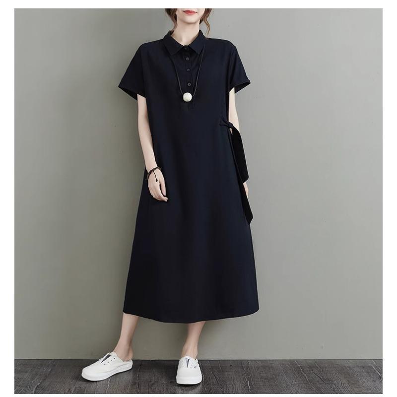 Women's Plain Color Cotton and Linen Lapel Short Sleeved Dress