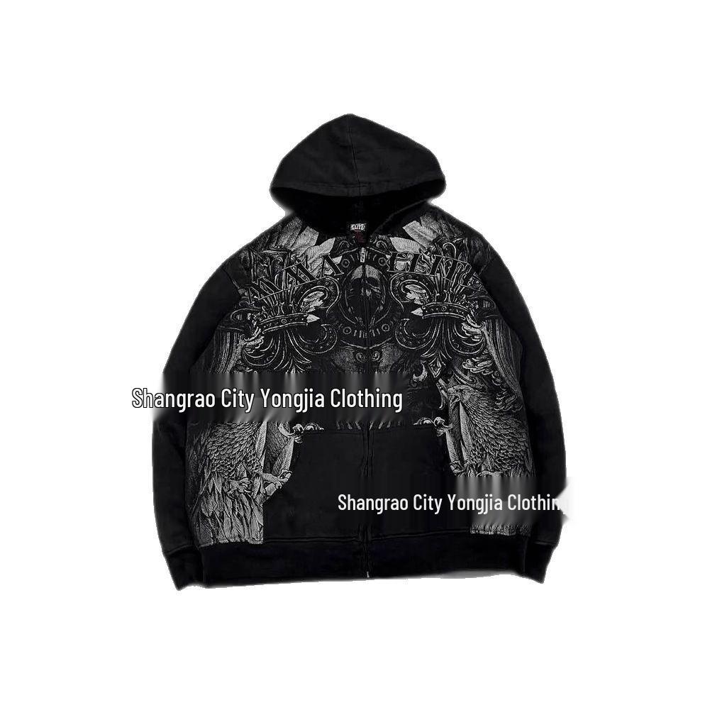 Gotischer Totenkopf Reißverschluss Hoodie - Unisex Digitaldruck für Herbst/Winter