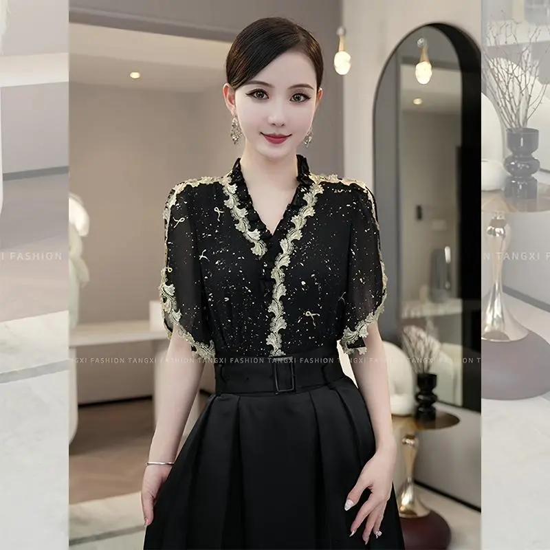 Sommer Neues Design Goldfolie Glänzend Temperament Schwarz Splicing Kurzarm-Top für Damen