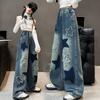 Jeans Larghi Casual con Design a Stelle per Ragazze Adolescenti Bambini Scolareschi per Primavera/Autunno Vita Elastica Pantaloni Dritti alla Moda per Bambini