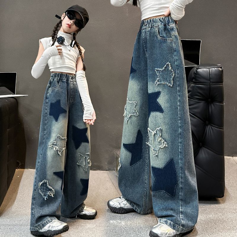 Jeans Larghi Casual con Design a Stelle per Ragazze Adolescenti Bambini Scolareschi per Primavera/Autunno Vita Elastica Pantaloni Dritti alla Moda per Bambini