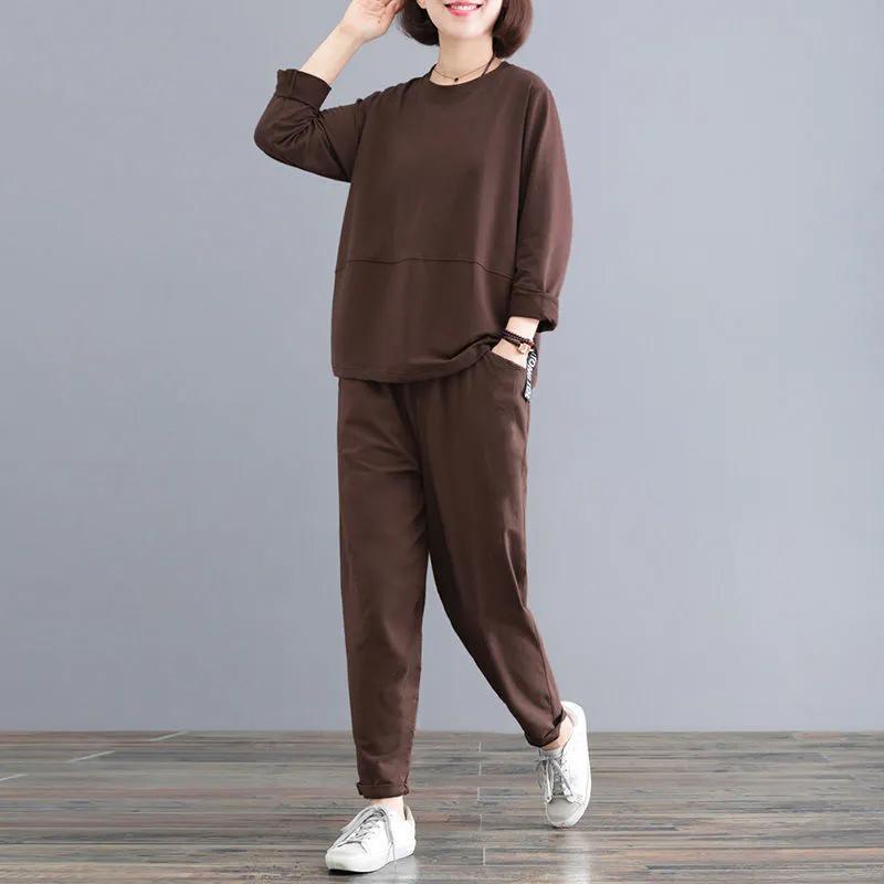 Dámský oblek Velká velikost Bavlněná košile s dlouhým rukávem Kalhoty Dvoudílný Kulatý výstřih Top a Dlouhé kalhoty 2dílný oblek