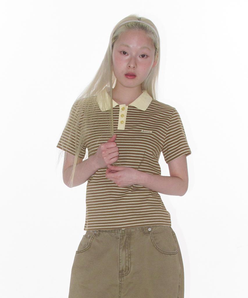 AMES-WORLDWIDE Basic Stripe Collar Tee Brown