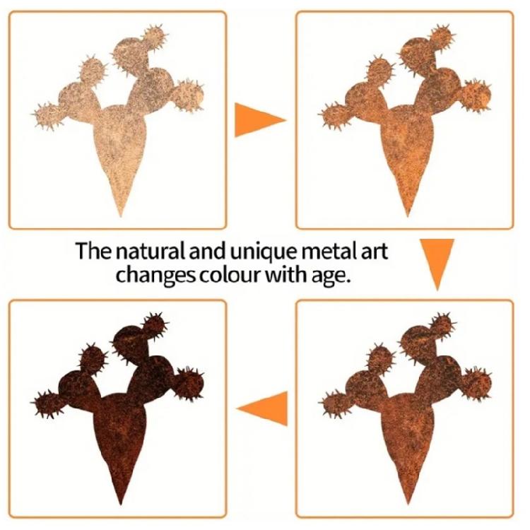 Weather Resistant Outdoor Rust Patina Finish Iron Cactus Sculpture For Garden Decoration And Potted Plant Reinforcement