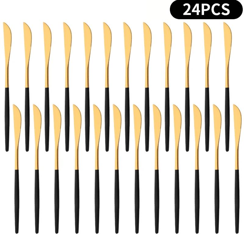 24Pcs/Set Mirror Black Dinner Knife Cutlery Set Table Knife Dinnerware Set Stainless Steel Tableware Home Kitchen Flatware