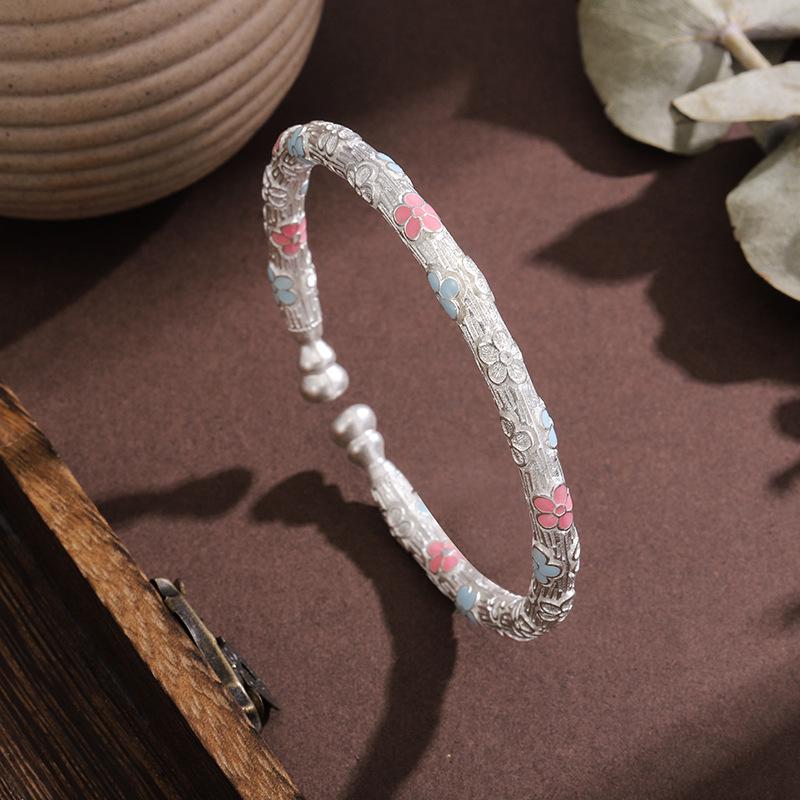 Ethnic Style Openable Sterling Silver 999.9 Cherry Blossom Gourd Bracelet for Women Sterling Silver 999.9