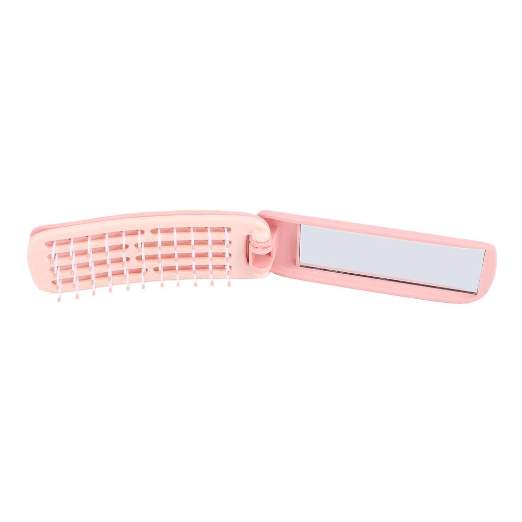 Self Cleaning Pocket Folding Hair Brush Portable Travel Hair Brush with Mirror for Women Travel Pink
