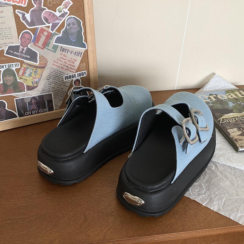 

Internet celebrities ins denim thick-soled heightening bag head slippers women s summer wear 2025 new retro half-drag Birkenstocks 40