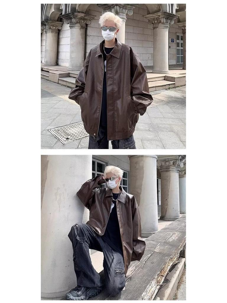 Men's Japanese Retro Leather Motorcycle Jacket - Spring/Autumn Streetwear, Trendy Loose Fit, Cool Lapel Style.