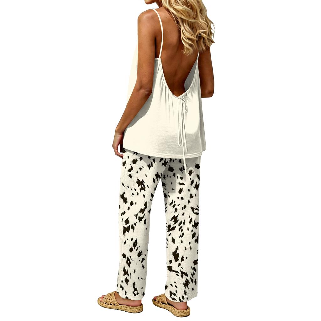 Women's Sleeveless Backless Top and Elastic Waist Pants Set, Color Loungewear